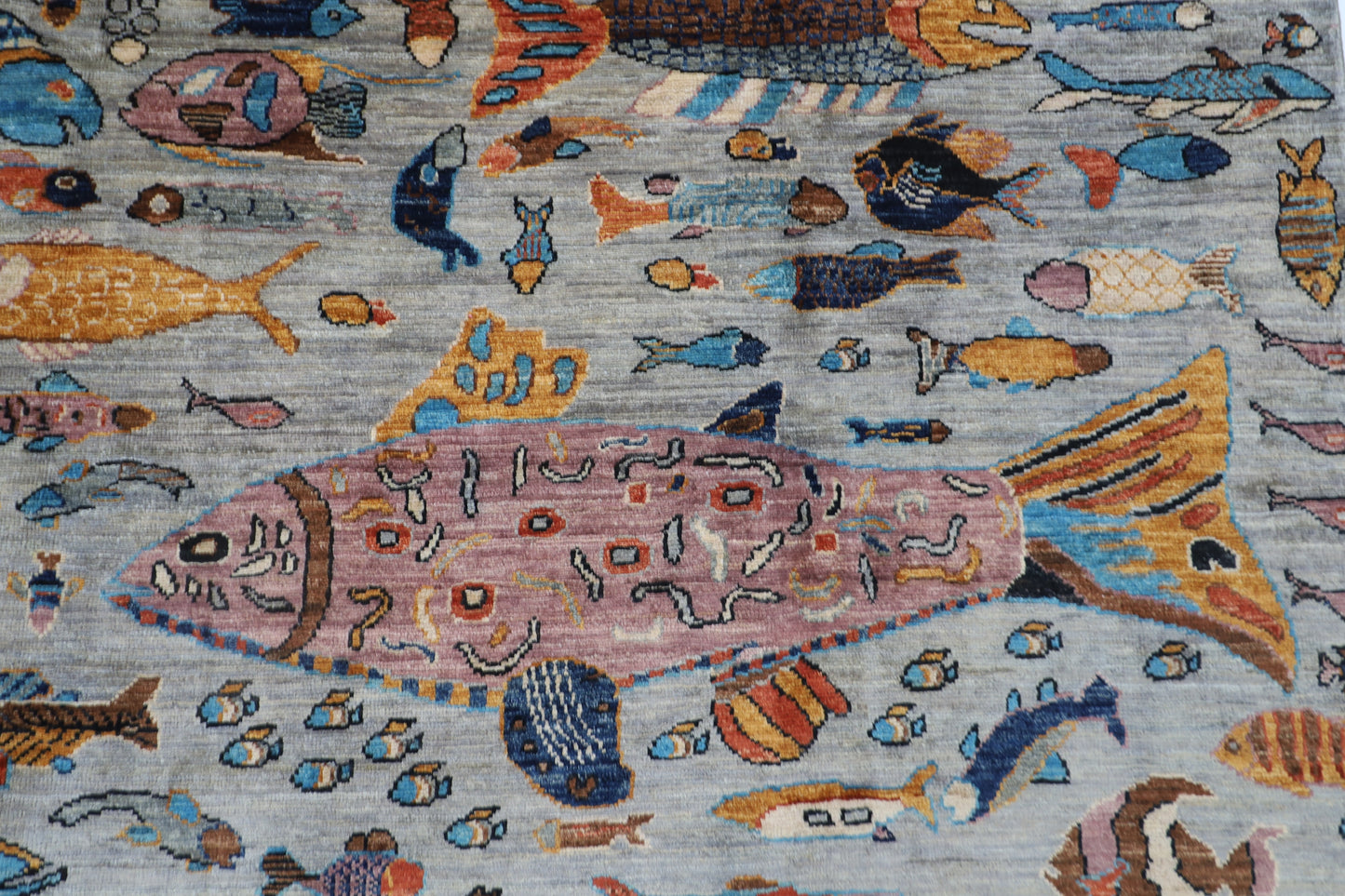 181 x 265 cm | Oriental Fish Gray Area Rug Afghan Hand Knotted Veg Dye Wool carpet