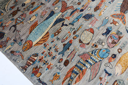 181 x 265 cm | Oriental Fish Gray Area Rug Afghan Hand Knotted Veg Dye Wool carpet