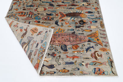 181 x 265 cm | Oriental Fish Gray Area Rug Afghan Hand Knotted Veg Dye Wool carpet