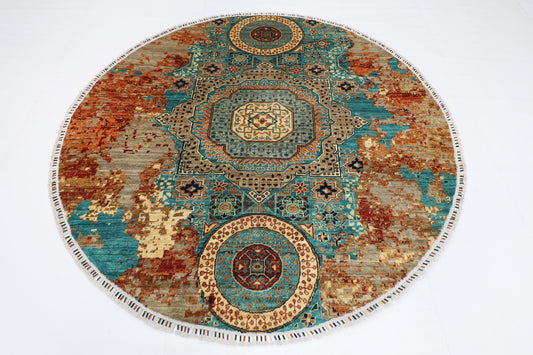 200 x 200 cm | Oriental Abstract Round Rug Afghan Hand Knotted Veg Dye Wool carpet