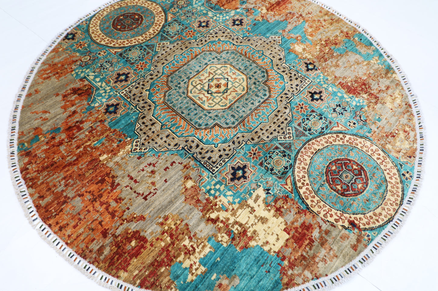 200 x 200 cm | Oriental Abstract Round Rug Afghan Hand Knotted Veg Dye Wool carpet