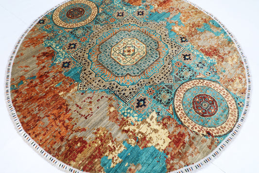 200 x 200 cm | Oriental Abstract Round Rug Afghan Hand Knotted Veg Dye Wool carpet