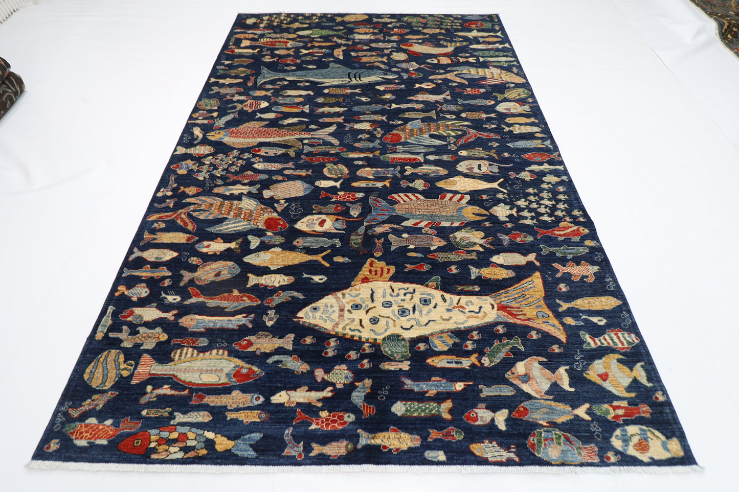 198 x 296 cm | Oriental Fish blue Area Rug Afghan Hand Knotted Veg Dye Wool carpet