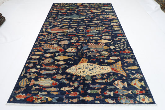 198 x 296 cm | Oriental Fish blue Area Rug Afghan Hand Knotted Veg Dye Wool carpet