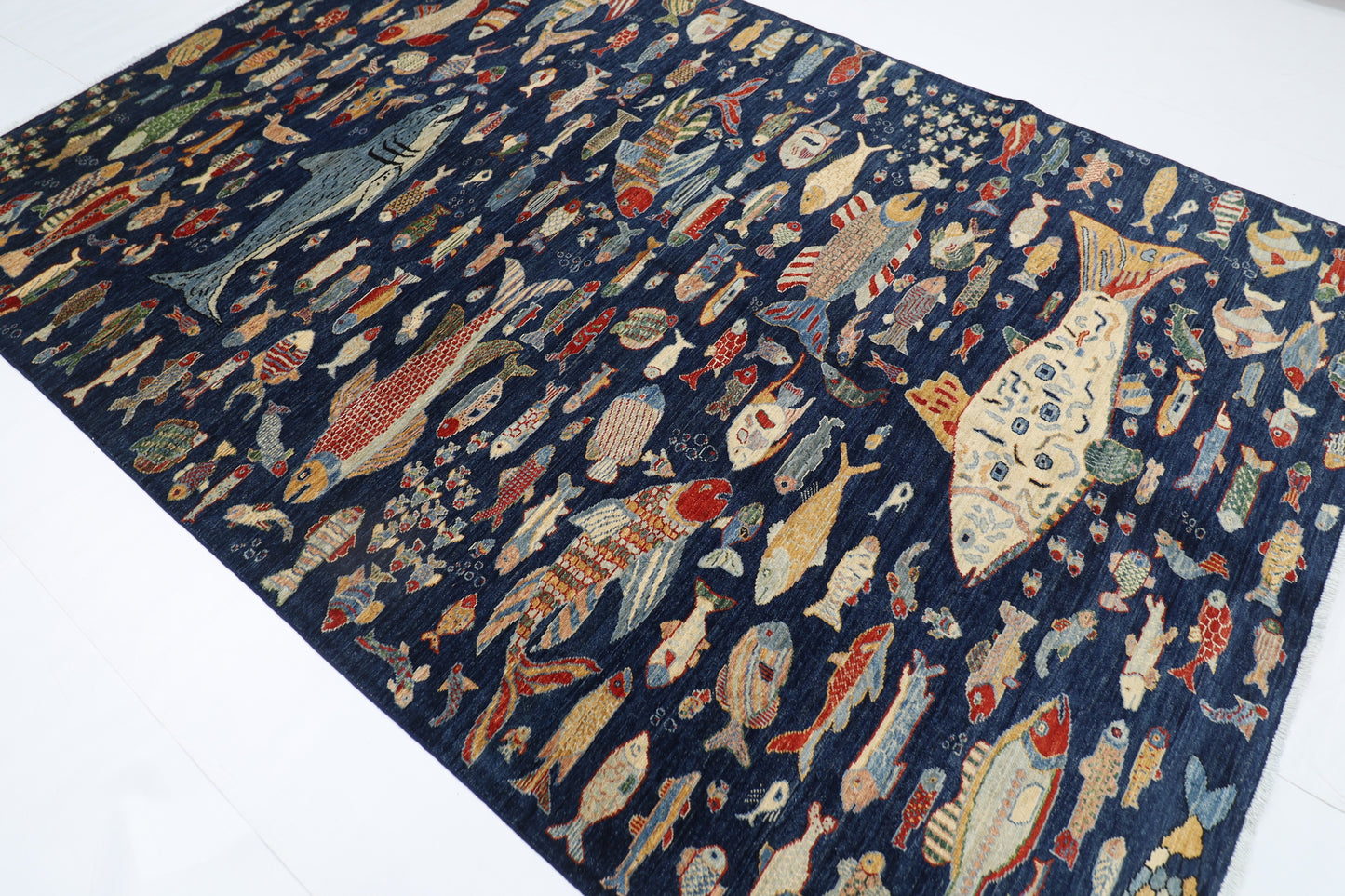 198 x 296 cm | Oriental Fish blue Area Rug Afghan Hand Knotted Veg Dye Wool carpet