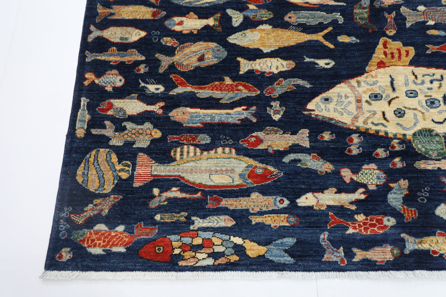 198 x 296 cm | Oriental Fish blue Area Rug Afghan Hand Knotted Veg Dye Wool carpet