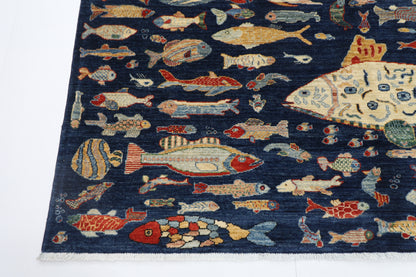 198 x 296 cm | Oriental Fish blue Area Rug Afghan Hand Knotted Veg Dye Wool carpet