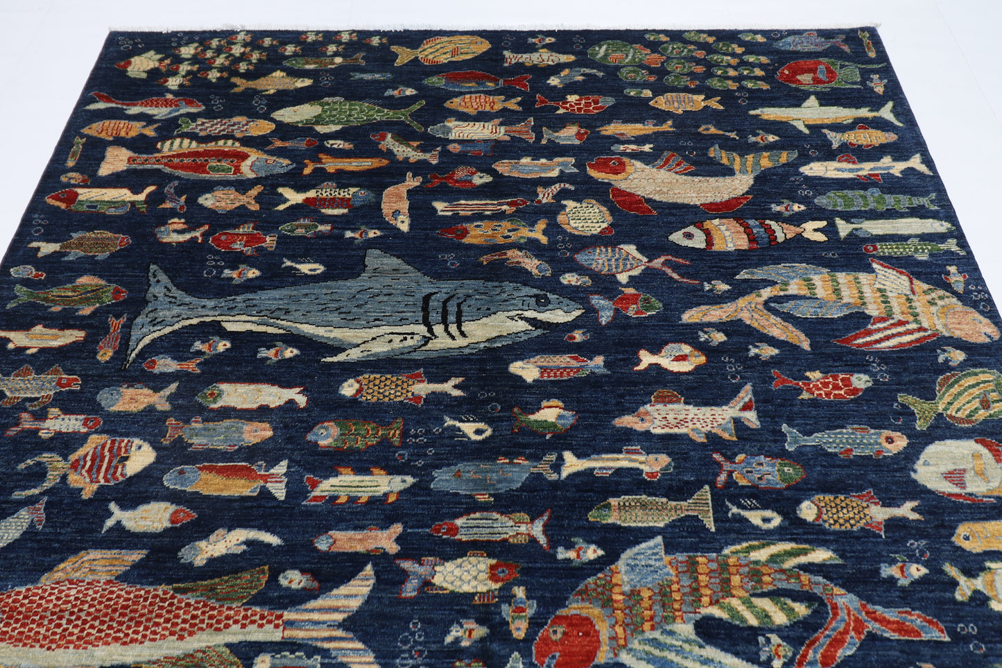 198 x 296 cm | Oriental Fish blue Area Rug Afghan Hand Knotted Veg Dye Wool carpet