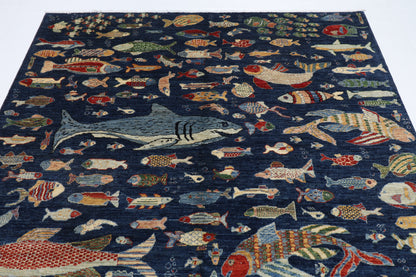 198 x 296 cm | Oriental Fish blue Area Rug Afghan Hand Knotted Veg Dye Wool carpet