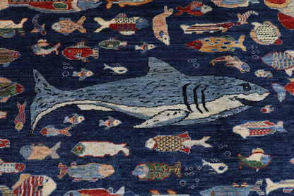 198 x 296 cm | Oriental Fish blue Area Rug Afghan Hand Knotted Veg Dye Wool carpet
