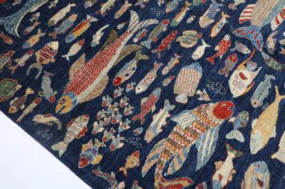 198 x 296 cm | Oriental Fish blue Area Rug Afghan Hand Knotted Veg Dye Wool carpet