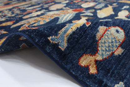 198 x 296 cm | Oriental Fish blue Area Rug Afghan Hand Knotted Veg Dye Wool carpet