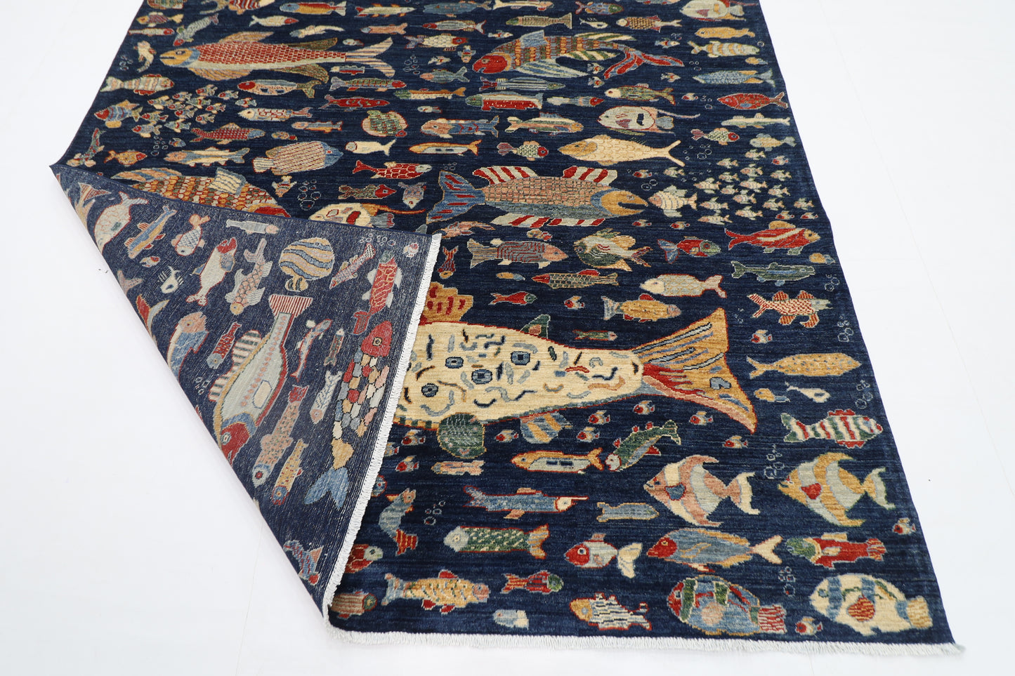 198 x 296 cm | Oriental Fish blue Area Rug Afghan Hand Knotted Veg Dye Wool carpet