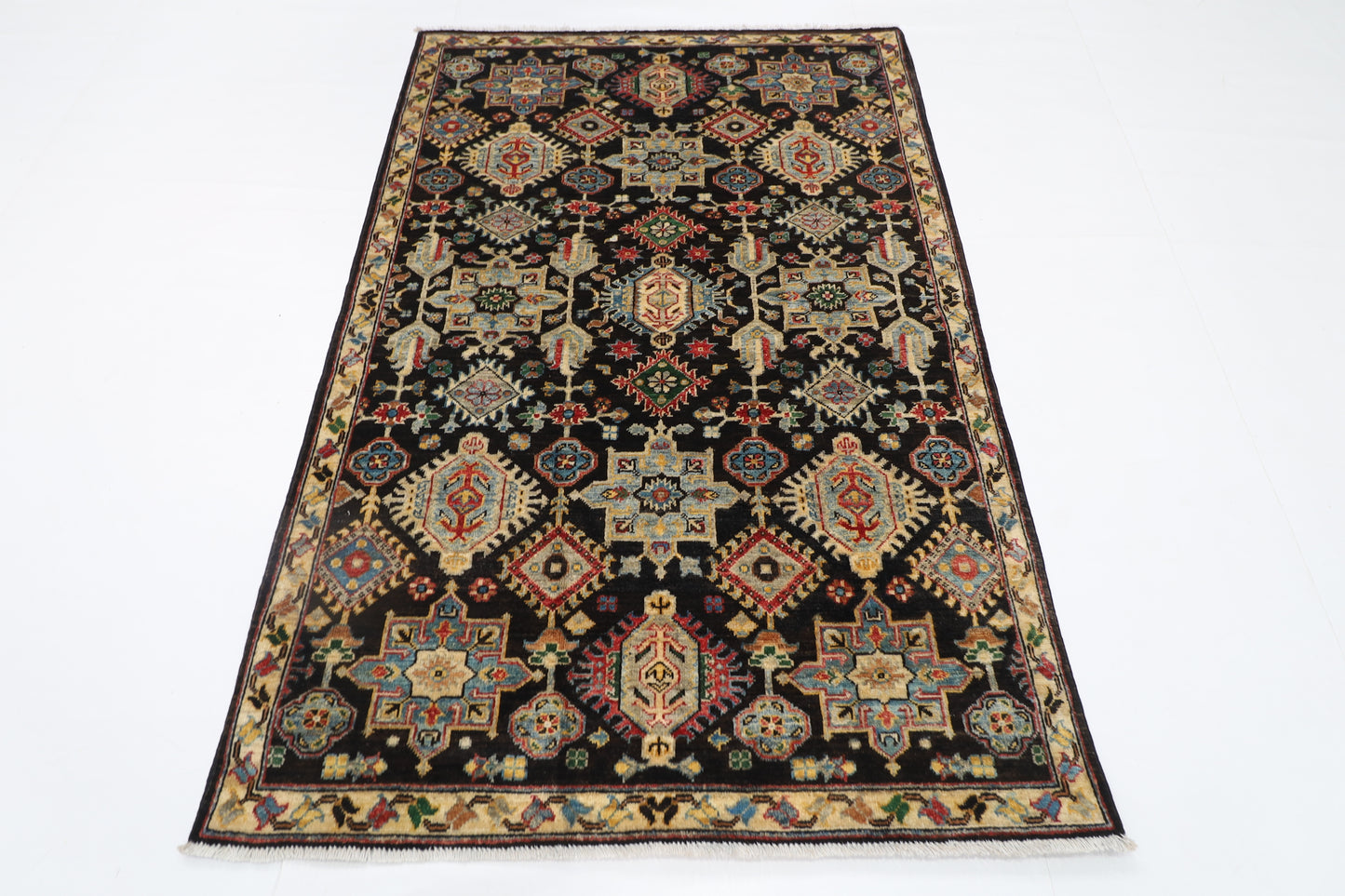121 x 183 cm | Oriental Waziri Black Area Rug Afghan Hand Knotted Veg Dye Wool carpet