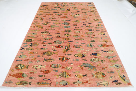 176 x 240 cm | Oriental Fish Pink Area Rug Afghan Hand Knotted Veg Dye Wool carpet