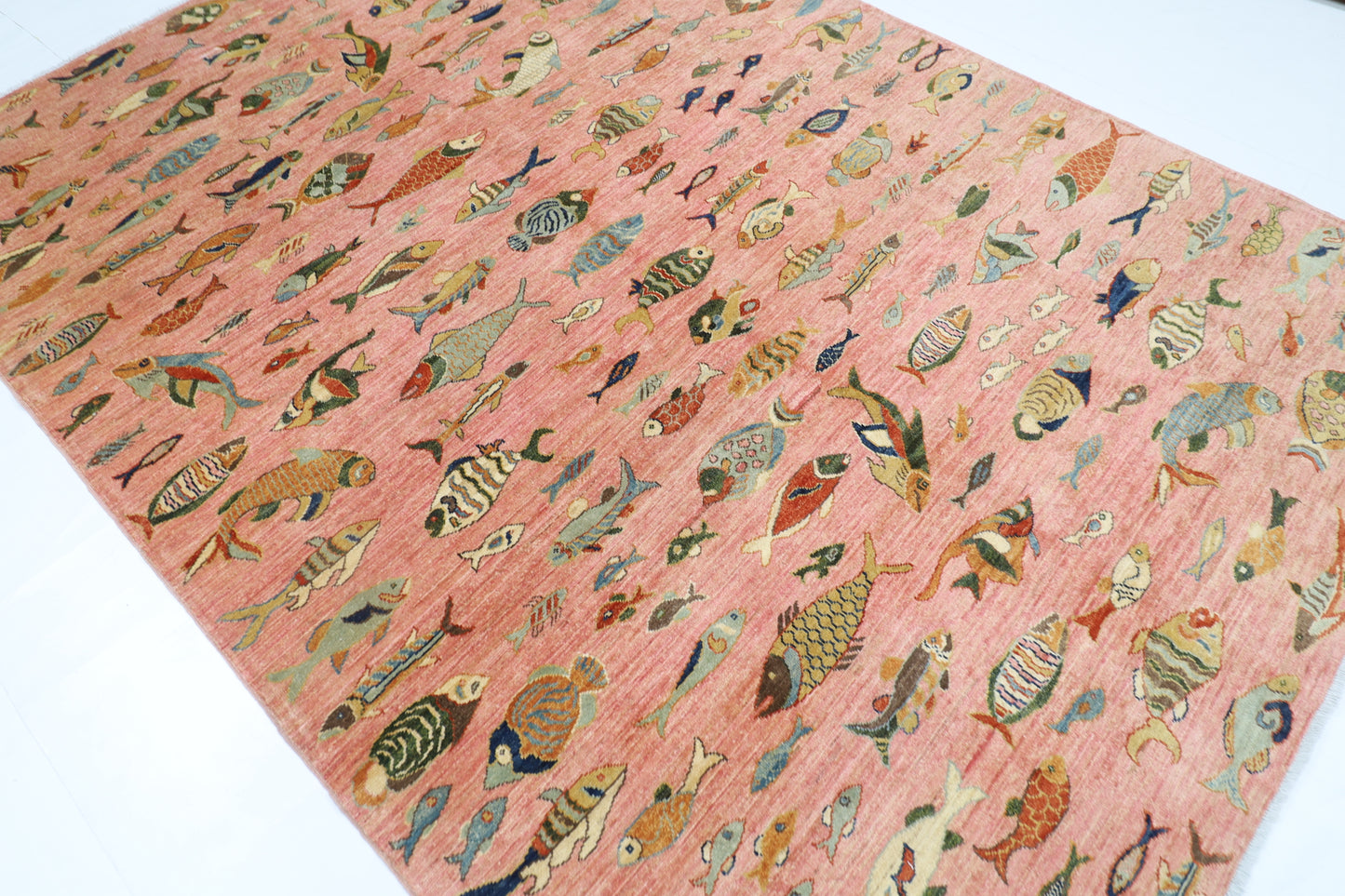207 x 294 cm | Oriental Fish Pink Area Rug Afghan Hand Knotted Veg Dye Wool carpet