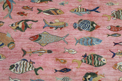 207 x 294 cm | Oriental Fish Pink Area Rug Afghan Hand Knotted Veg Dye Wool carpet