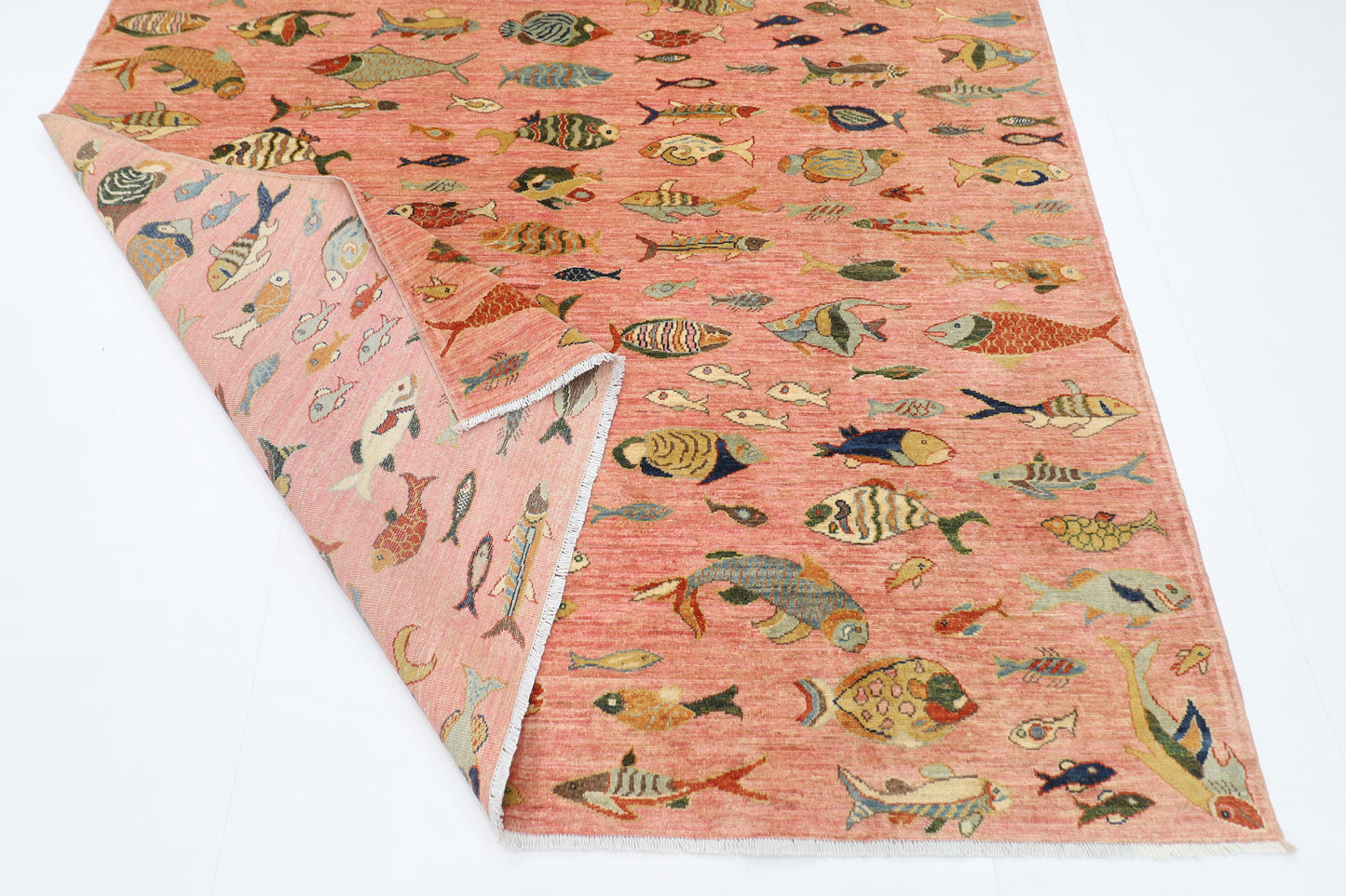 176 x 240 cm | Oriental Fish Pink Area Rug Afghan Hand Knotted Veg Dye Wool carpet