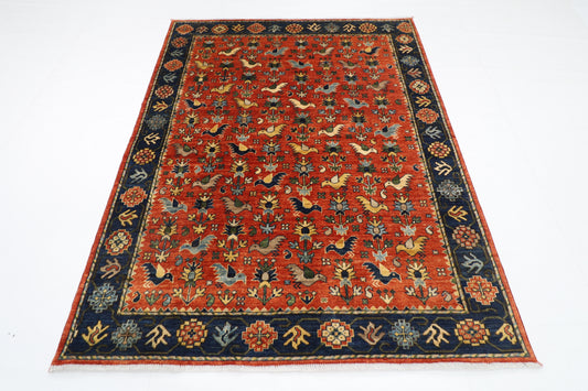 154 x 202 cm | Oriental Birds Area Rug Afghan Hand Knotted Veg Dye Wool carpet