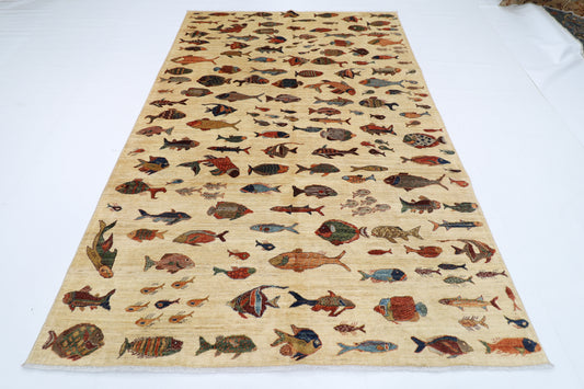 195 x 290 cm | Oriental Fish beige Area Rug Afghan Hand Knotted Veg Dye Wool carpet