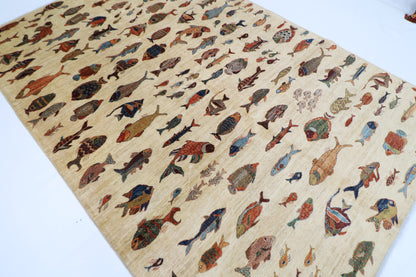 195 x 290 cm | Oriental Fish beige Area Rug Afghan Hand Knotted Veg Dye Wool carpet