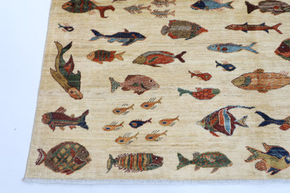 195 x 290 cm | Oriental Fish beige Area Rug Afghan Hand Knotted Veg Dye Wool carpet
