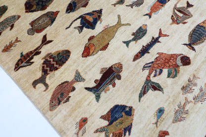 195 x 290 cm | Oriental Fish beige Area Rug Afghan Hand Knotted Veg Dye Wool carpet