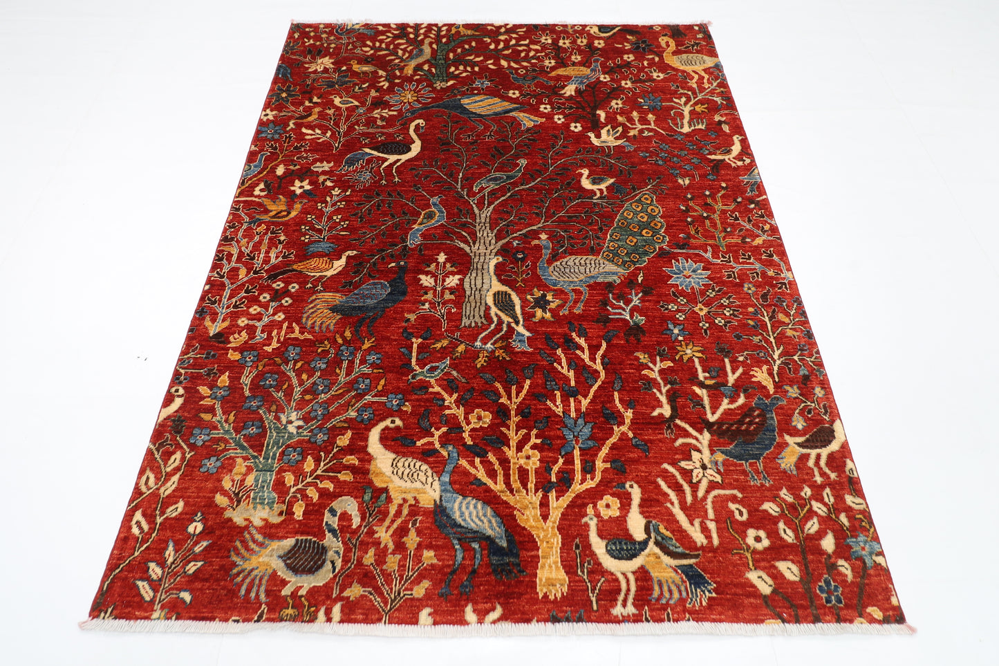 150 x 196 cm | Oriental Birds Red Area Rug Afghan Hand Knotted Veg Dye Wool carpet