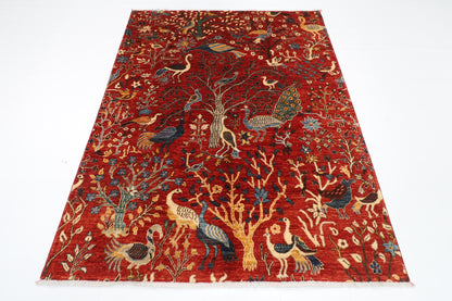 150 x 196 cm | Oriental Birds Red Area Rug Afghan Hand Knotted Veg Dye Wool carpet