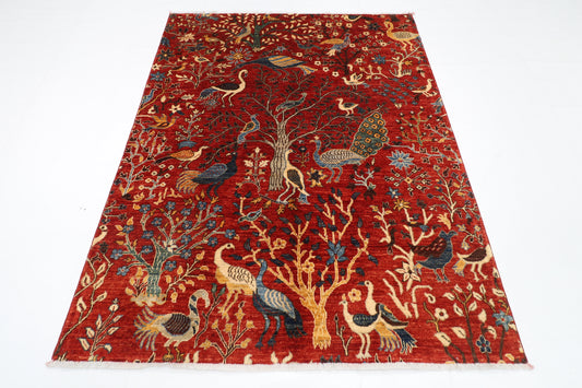150 x 196 cm | Oriental Birds Red Area Rug Afghan Hand Knotted Veg Dye Wool carpet