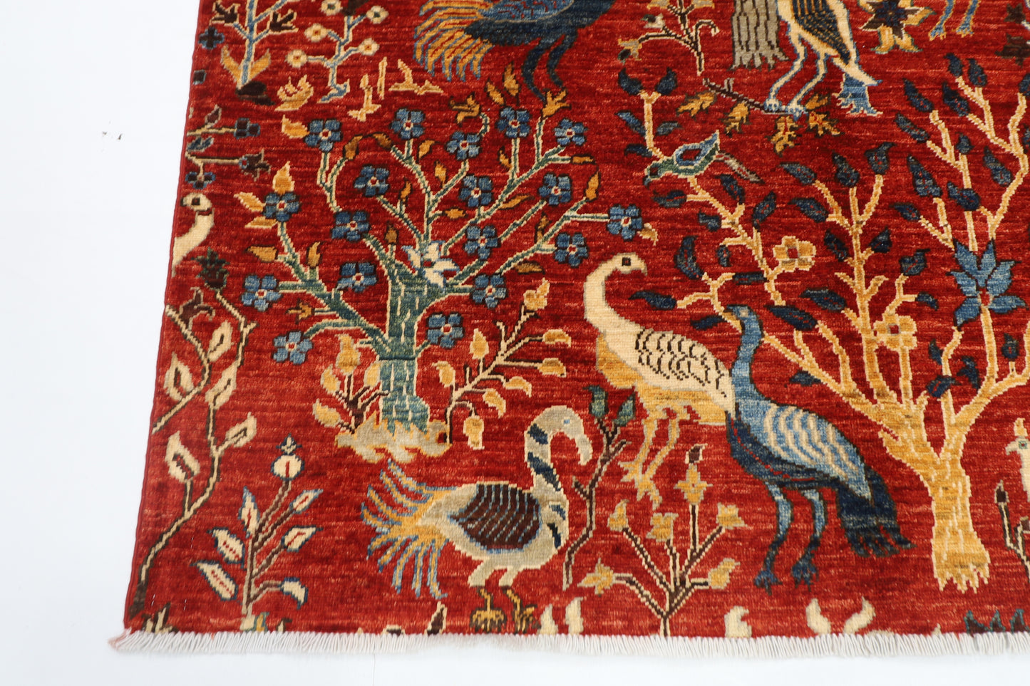 150 x 196 cm | Oriental Birds Red Area Rug Afghan Hand Knotted Veg Dye Wool carpet