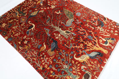 150 x 196 cm | Oriental Birds Red Area Rug Afghan Hand Knotted Veg Dye Wool carpet