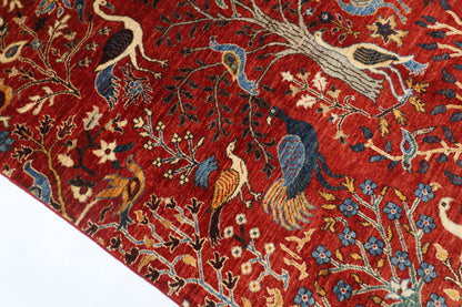 150 x 196 cm | Oriental Birds Red Area Rug Afghan Hand Knotted Veg Dye Wool carpet