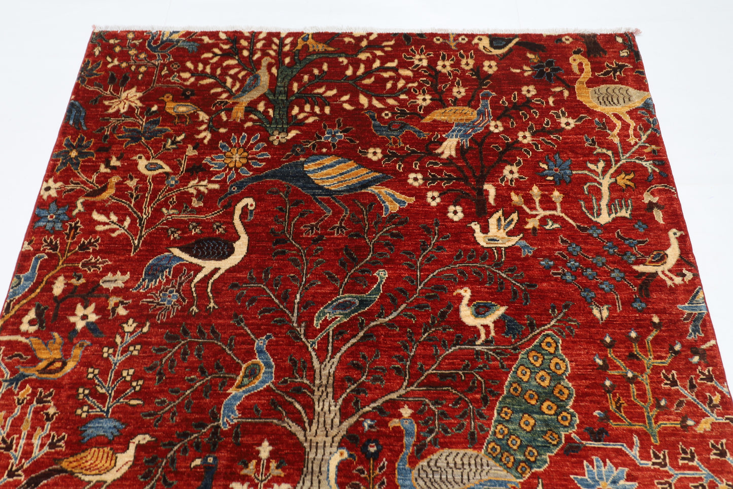 150 x 196 cm | Oriental Birds Red Area Rug Afghan Hand Knotted Veg Dye Wool carpet