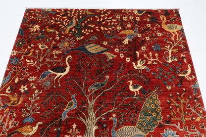 150 x 196 cm | Oriental Birds Red Area Rug Afghan Hand Knotted Veg Dye Wool carpet