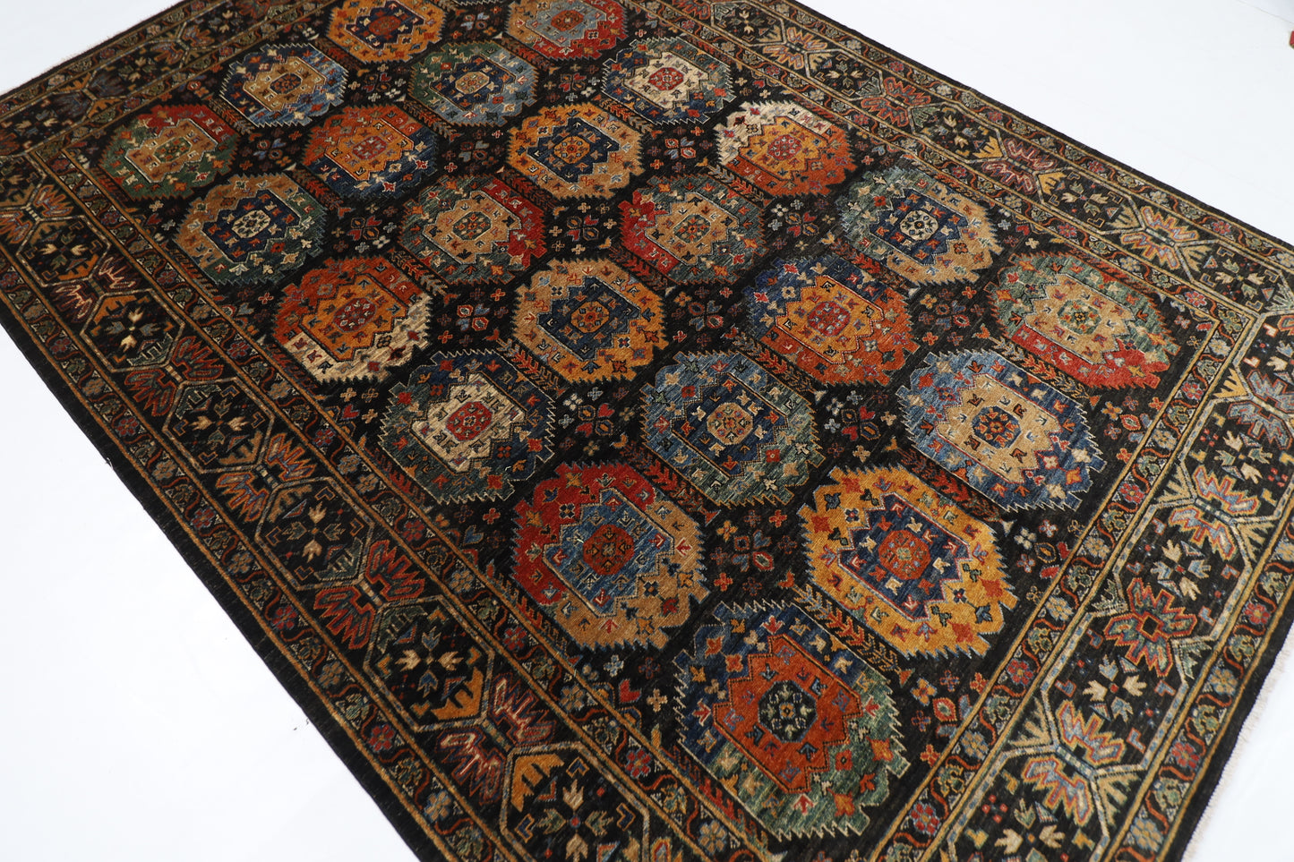 200 x 291 cm | Oriental Waziri Black Area Rug Afghan Hand Knotted Veg Dye Wool carpet