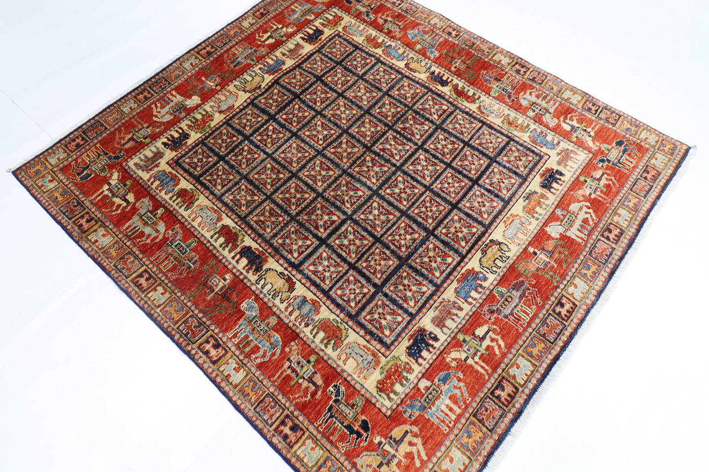 146 x 151 cm | Oriental Animal Square Rug Afghan Hand Knotted Veg Dye Wool carpet