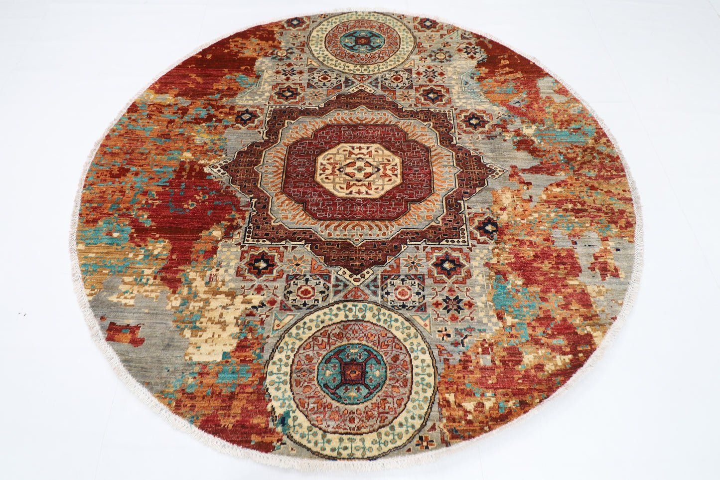 201 x 194 cm | Oriental Abstract Round Rug Afghan Hand Knotted Veg Dye Wool carpet