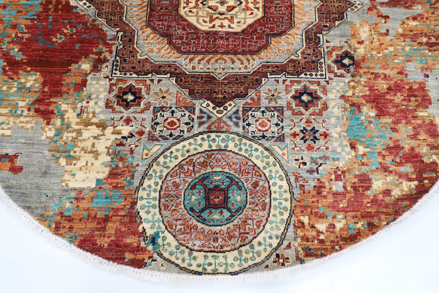 201 x 194 cm | Oriental Abstract Round Rug Afghan Hand Knotted Veg Dye Wool carpet