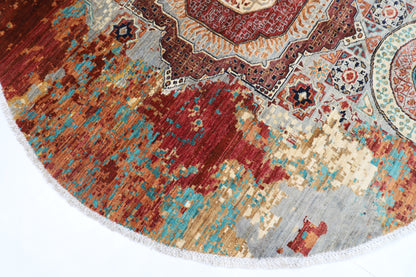 201 x 194 cm | Oriental Abstract Round Rug Afghan Hand Knotted Veg Dye Wool carpet