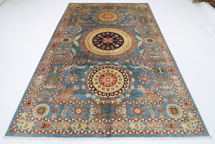 205 x 296 cm | Oriental Suzani Blue Area Rug Afghan Hand Knotted Veg Dye Wool carpet