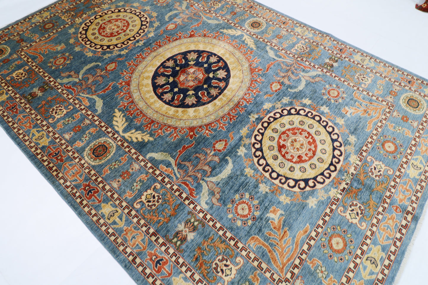 205 x 296 cm | Oriental Suzani Blue Area Rug Afghan Hand Knotted Veg Dye Wool carpet