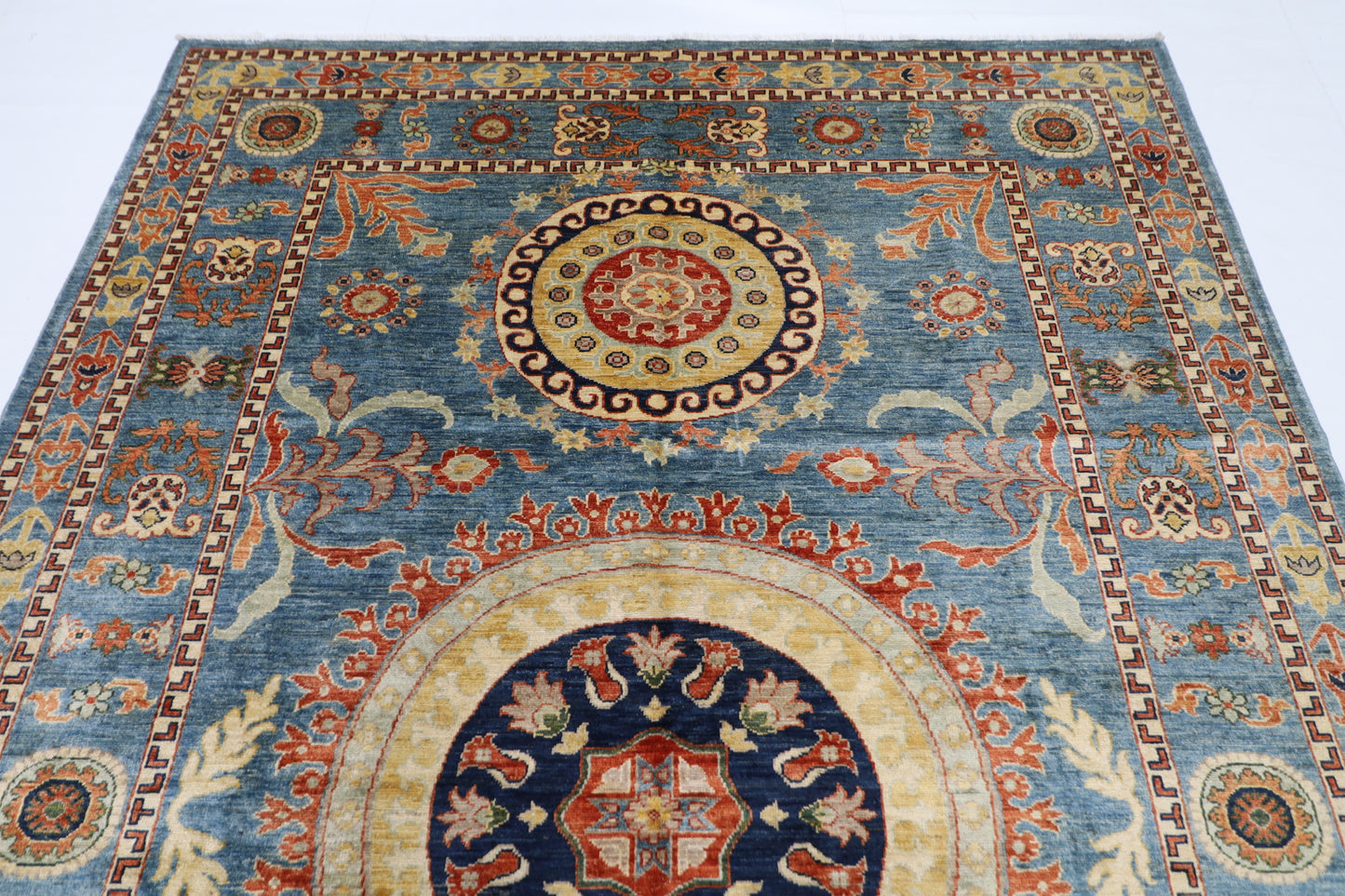 205 x 296 cm | Oriental Suzani Blue Area Rug Afghan Hand Knotted Veg Dye Wool carpet