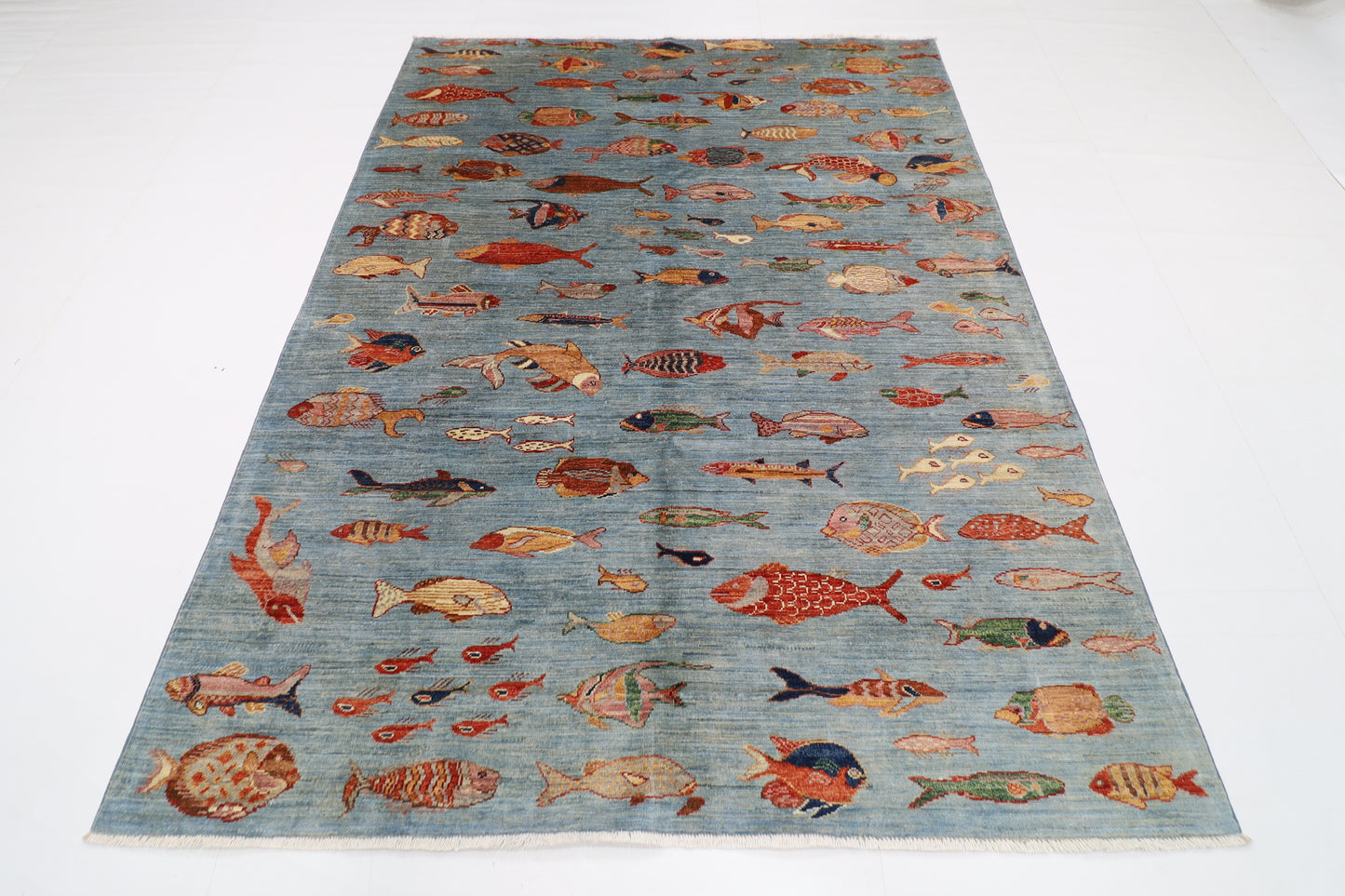176 x 240 cm | Oriental Fish Blue Area Rug Afghan Hand Knotted Veg Dye Wool carpet