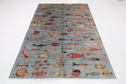 176 x 240 cm | Oriental Fish Blue Area Rug Afghan Hand Knotted Veg Dye Wool carpet