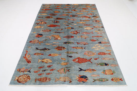 176 x 240 cm | Oriental Fish Blue Area Rug Afghan Hand Knotted Veg Dye Wool carpet