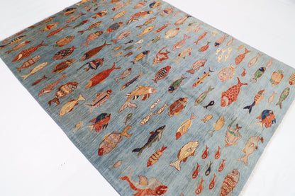 176 x 240 cm | Oriental Fish Blue Area Rug Afghan Hand Knotted Veg Dye Wool carpet