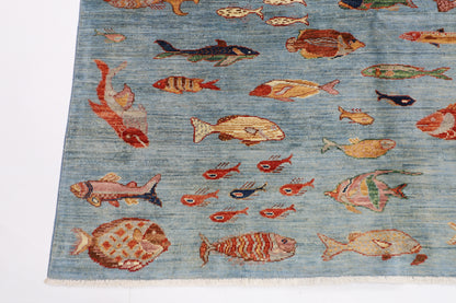 176 x 240 cm | Oriental Fish Blue Area Rug Afghan Hand Knotted Veg Dye Wool carpet
