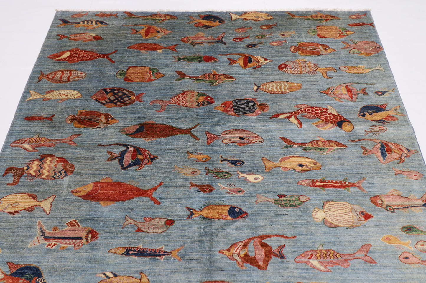 176 x 240 cm | Oriental Fish Blue Area Rug Afghan Hand Knotted Veg Dye Wool carpet