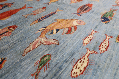 176 x 240 cm | Oriental Fish Blue Area Rug Afghan Hand Knotted Veg Dye Wool carpet